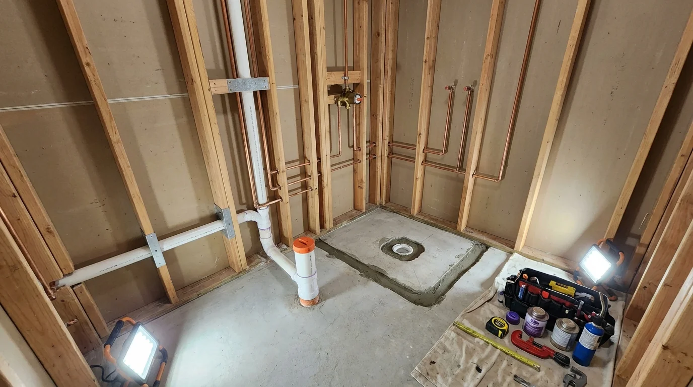 Bathroom rough-in plumbing during remodel by Johns Plumbing LLC in Harwood Heights