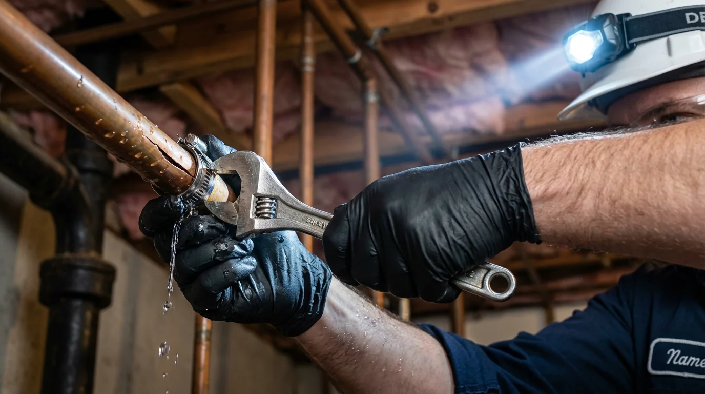 Emergency pipe clamp repair being performed by a Johns Plumbing LLC plumber in Harwood Heights
