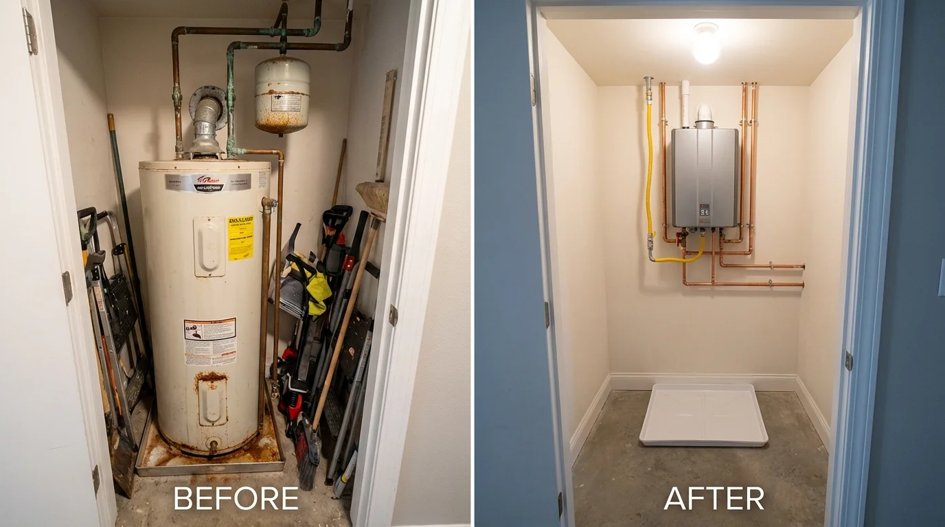 Tank water heater versus wall-mounted tankless unit comparison for Harwood Heights, IL homeowners