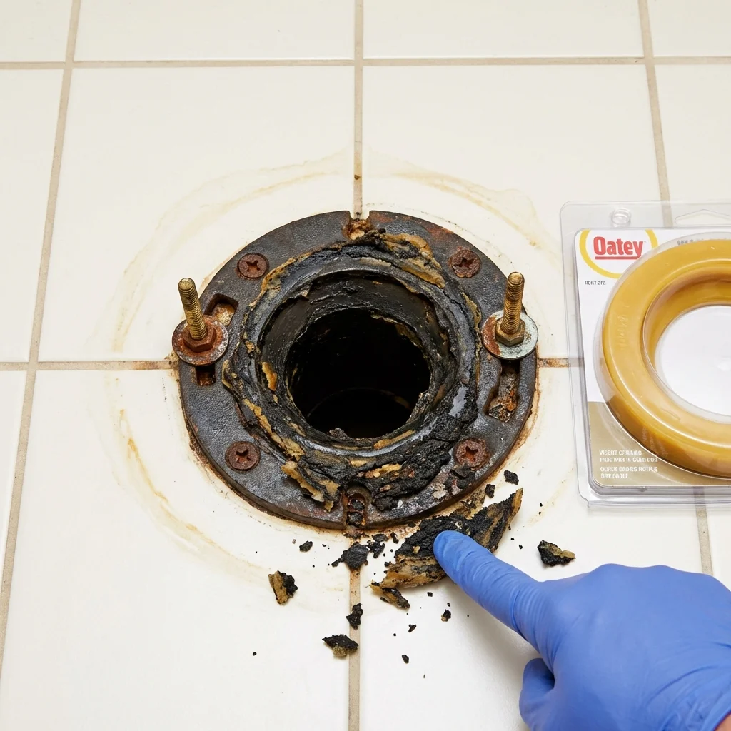 Failed wax ring showing water seepage at the base of a toilet in a Harwood Heights, IL home