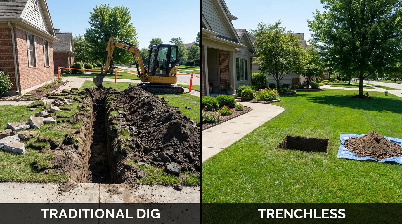 Trenchless sewer repair with minimal yard damage versus traditional excavation in Harwood Heights, IL