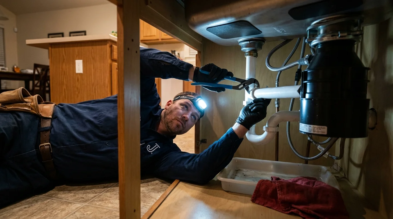 P-trap and supply line connections under a kitchen sink showing a common leak point in Harwood Heights, IL